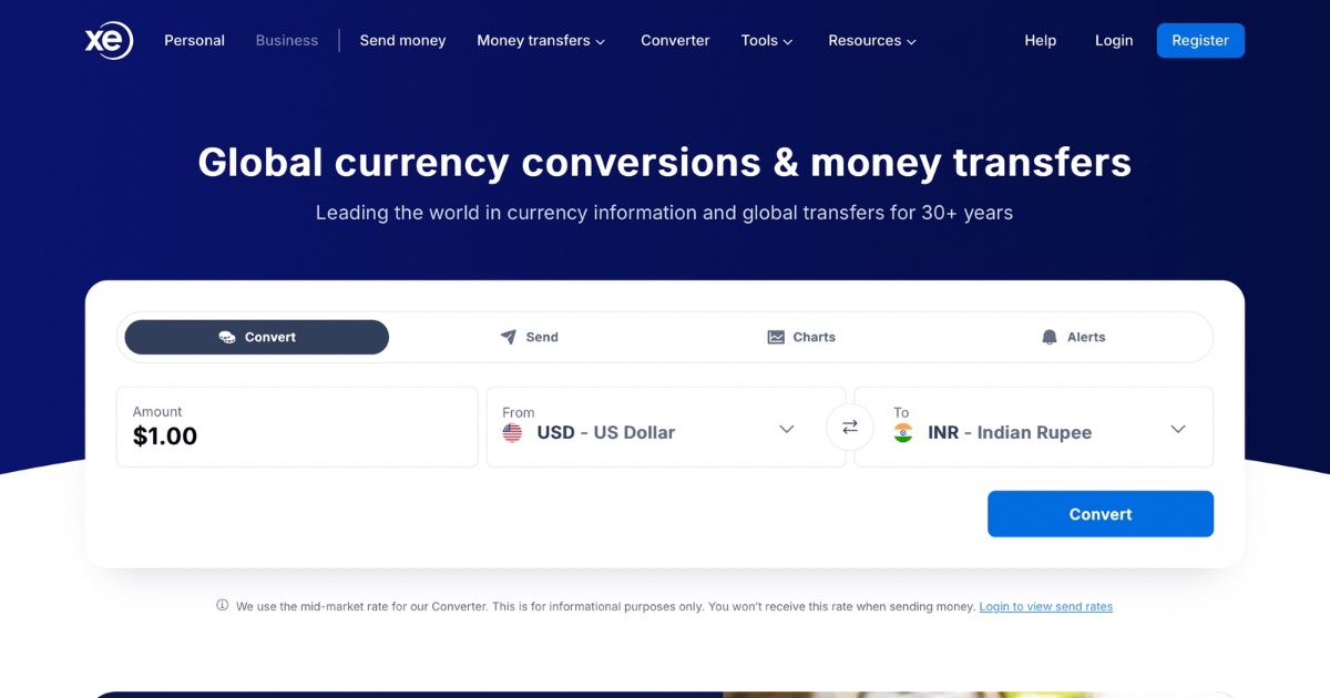 XE Money Transfer Landing Page