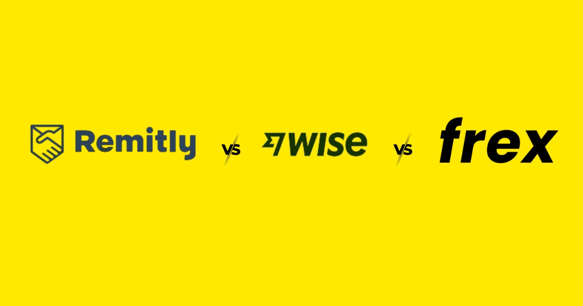 Remitly vs Wise vs Frex on a solid yellow background.