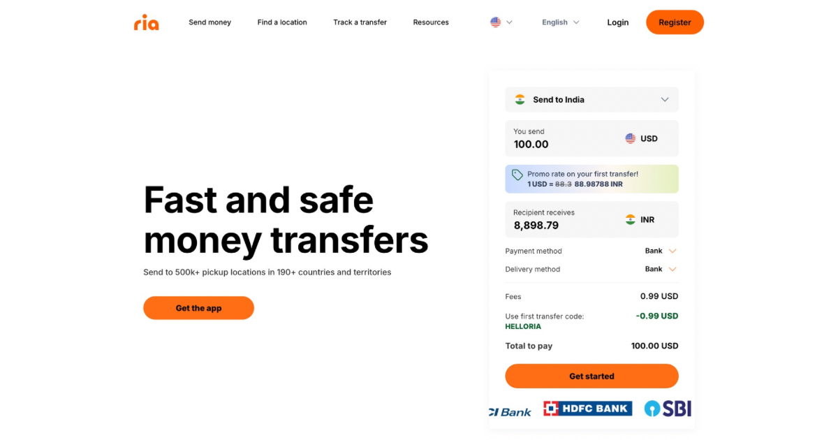 Ria Money Transfer Landing Page
