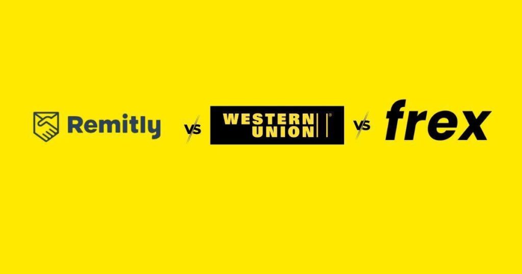 Comparison of money transfer services: Remitly vs Western Union vs Frex on a bright yellow background, showcasing their logos side by side.