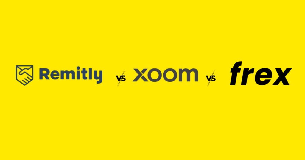 Remitly vs Xoom vs Frex on a solid yellow background.