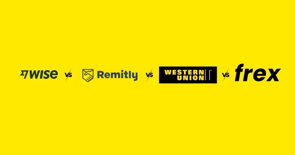 Wise vs Remitly vs Western Union vs Frex on a yellow background.