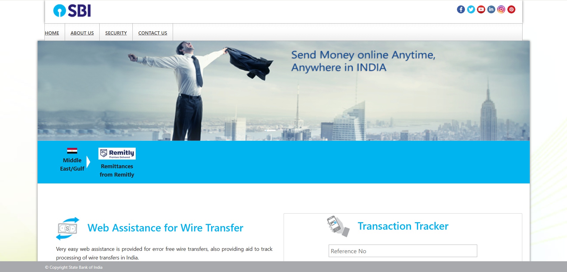 Screenshot of the State Bank of India website showcasing the "Send Money Online Anytime, Anywhere in India" section, with options for Middle East/Gulf transfers via Remitly and web assistance for wire transfers, along with a transaction tracker.