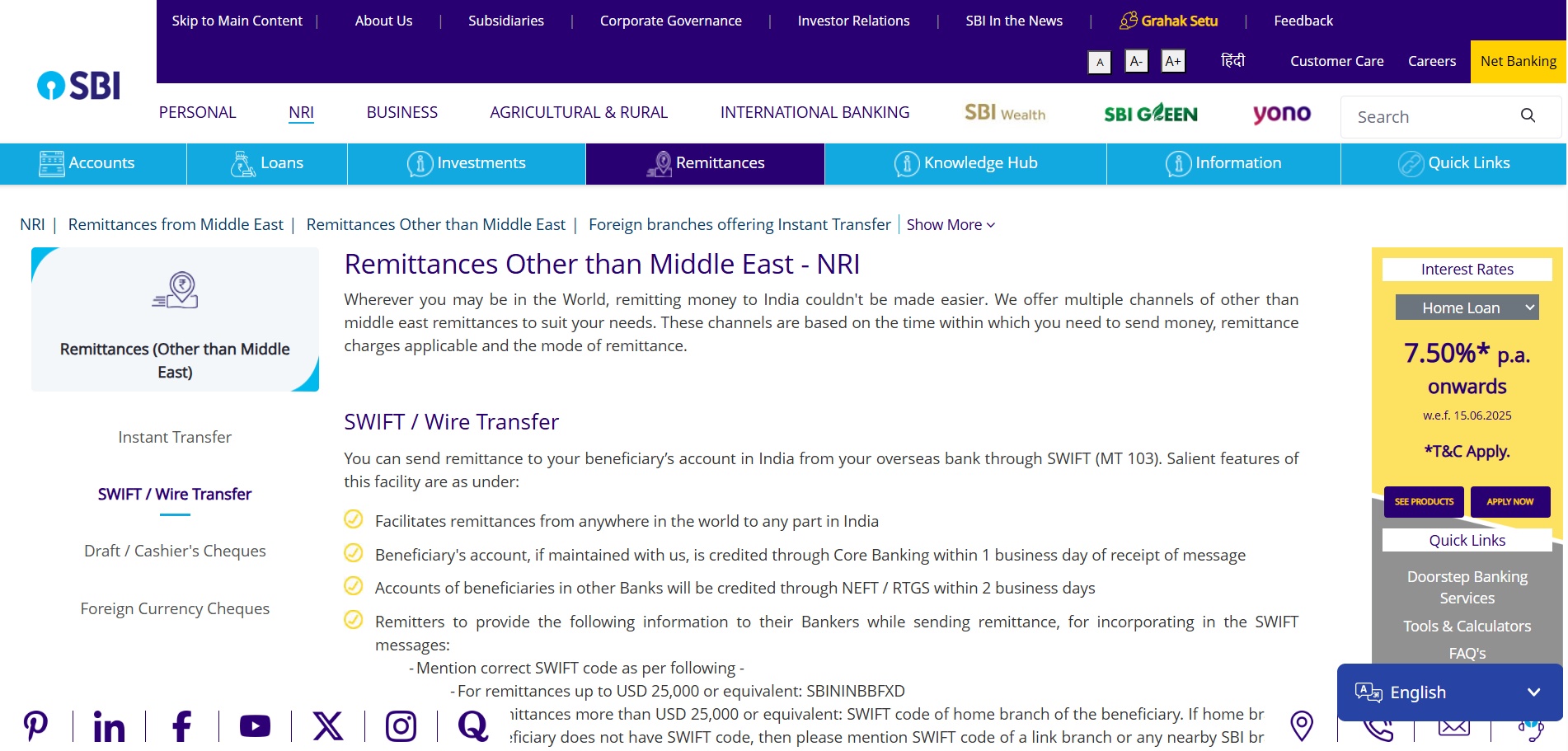 Screenshot of the State Bank of India website showcasing the "Send Money Online Anytime, Anywhere in India" section, with options for Middle East/Gulf transfers via Remitly and web assistance for wire transfers, along with a transaction tracker.