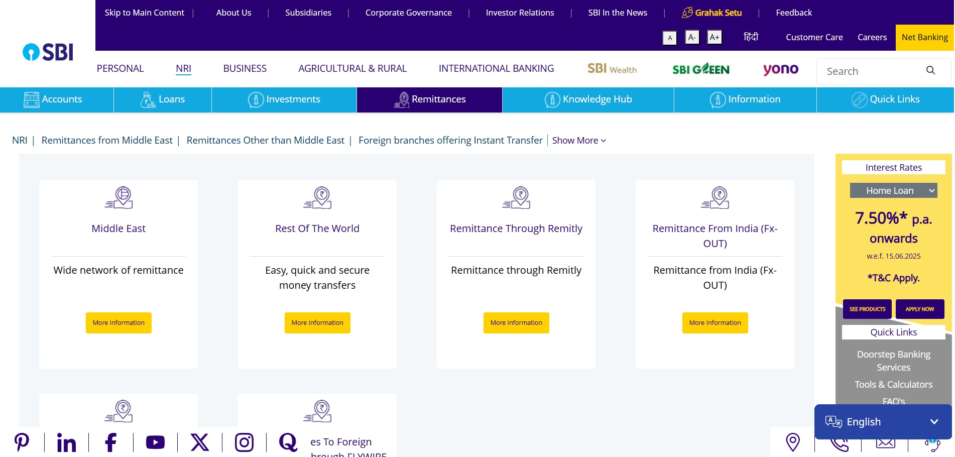 Screenshot of SBI's website showing the "Remittances Other than Middle East - NRI" section, with details on SWIFT/Wire Transfers and remittance features.