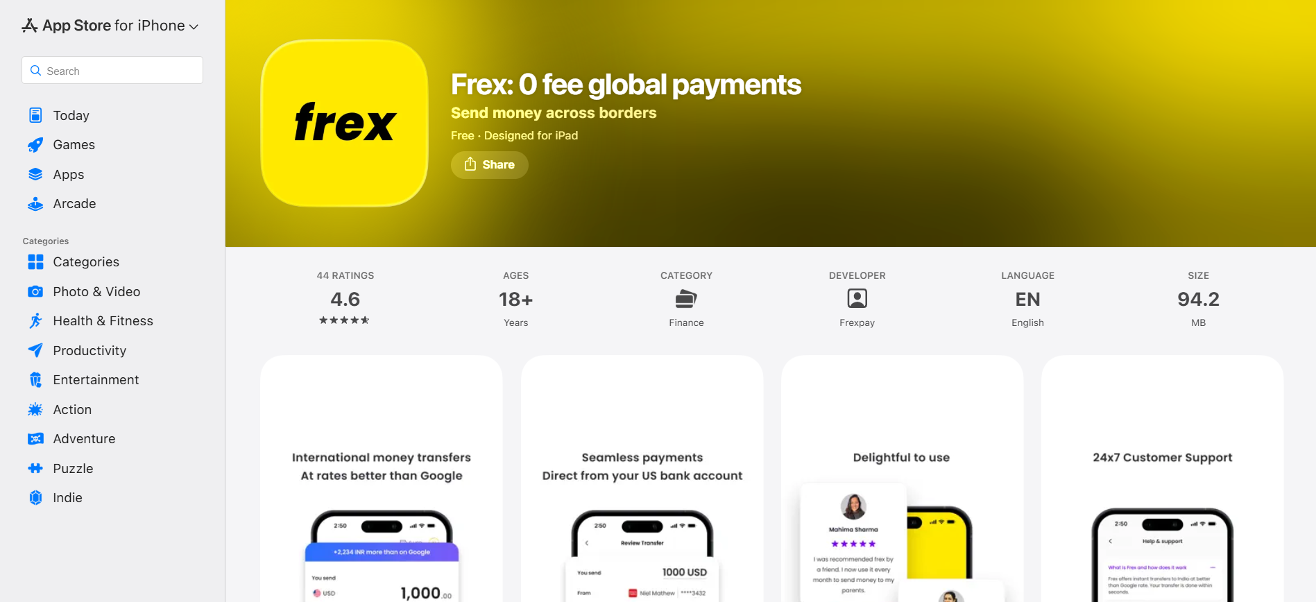 Frex app listing on the Apple App Store for global money transfers