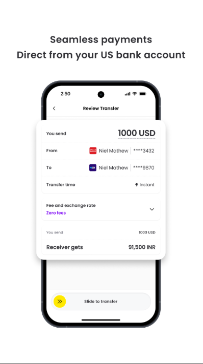 Frex app review transfer screen showing USD to INR conversion with zero fees