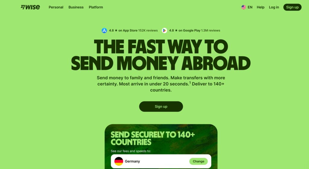 Screenshot of Wise home page