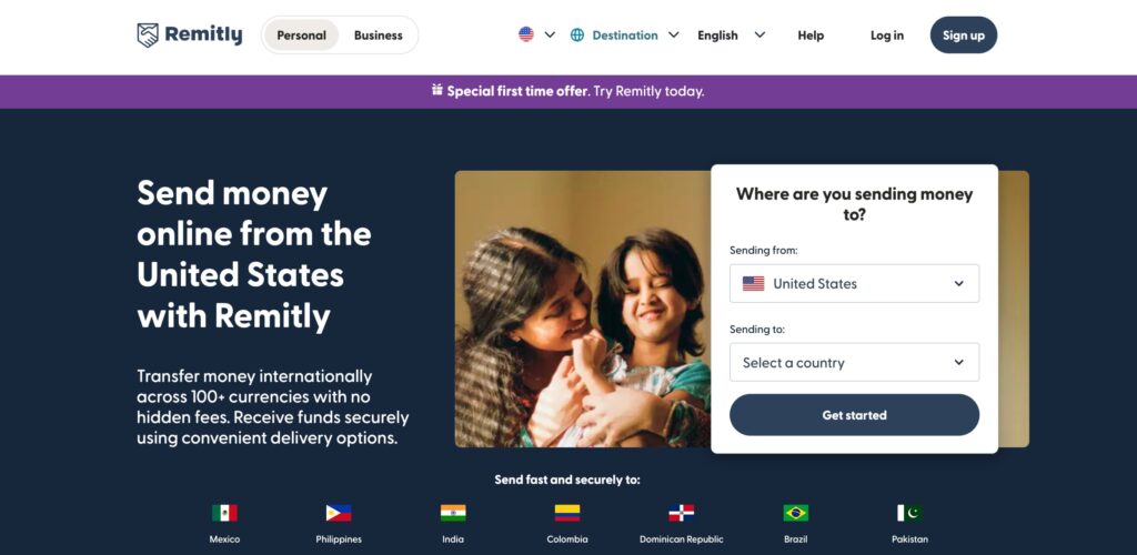 Screenshot of Remitly home page