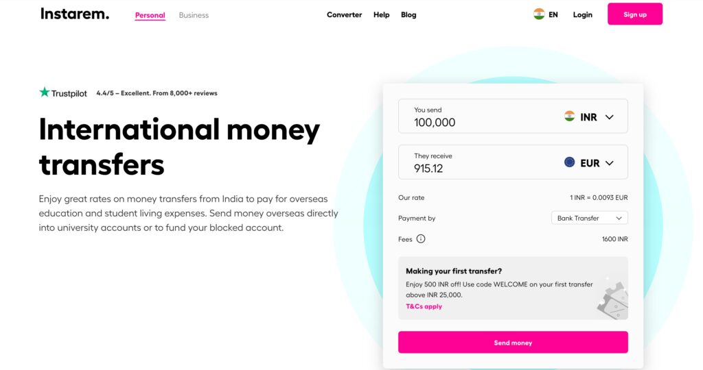 Screenshot of Instarem home page