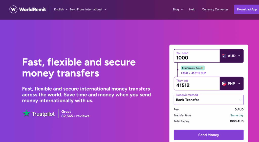 Screenshot of WorldRemit home page