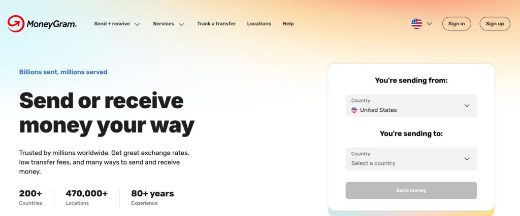 Screenshot of Money Gram home page