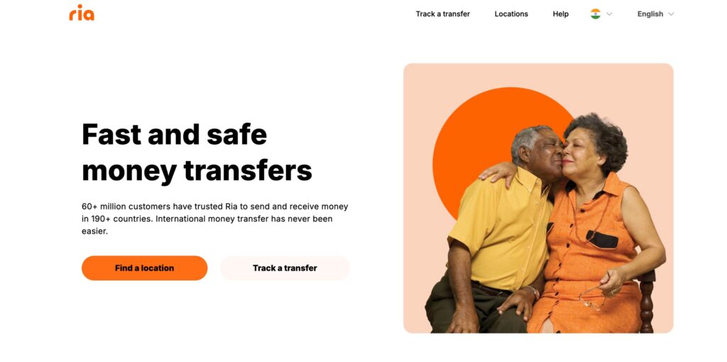 Screenshot of Ria money transfer home page