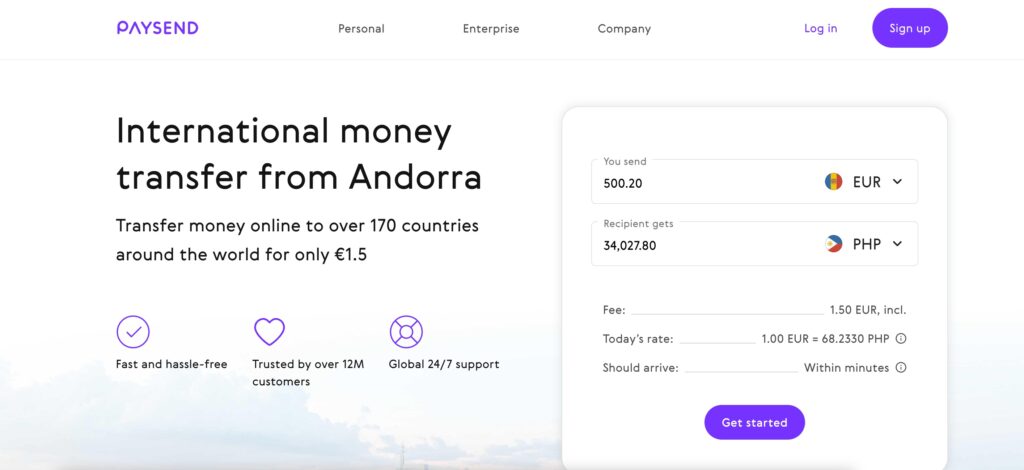 Screenshot of PaySend home page