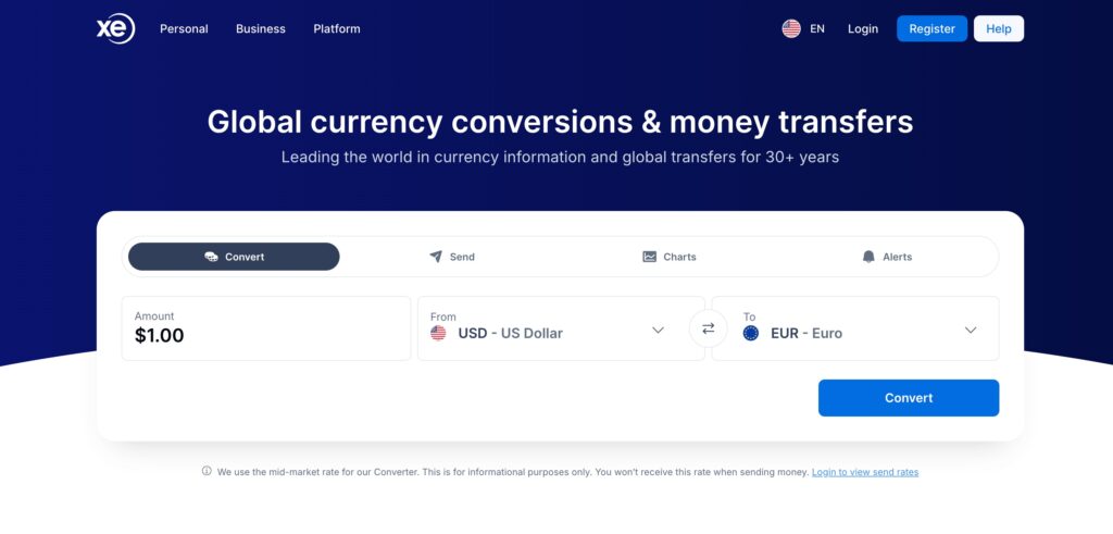 Screenshot of XE money transfer home page