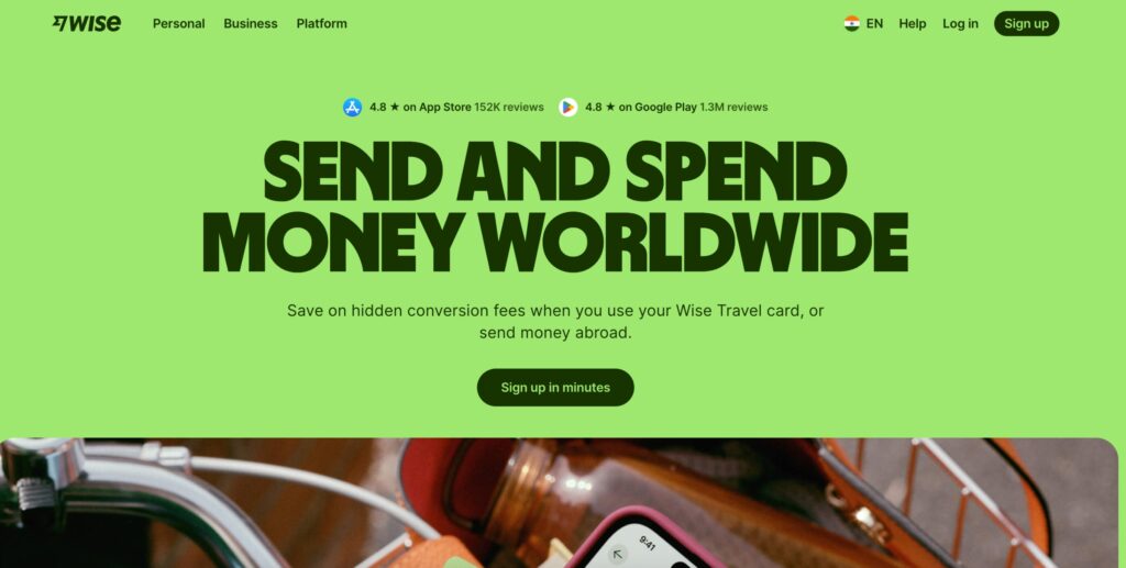 Screenshot of Wise Home page