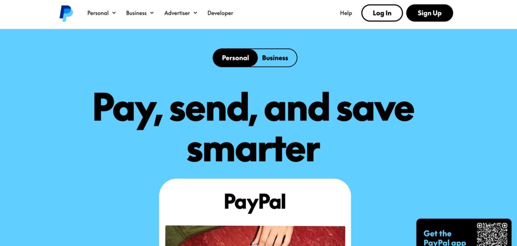 Screenshot of PayPal home page