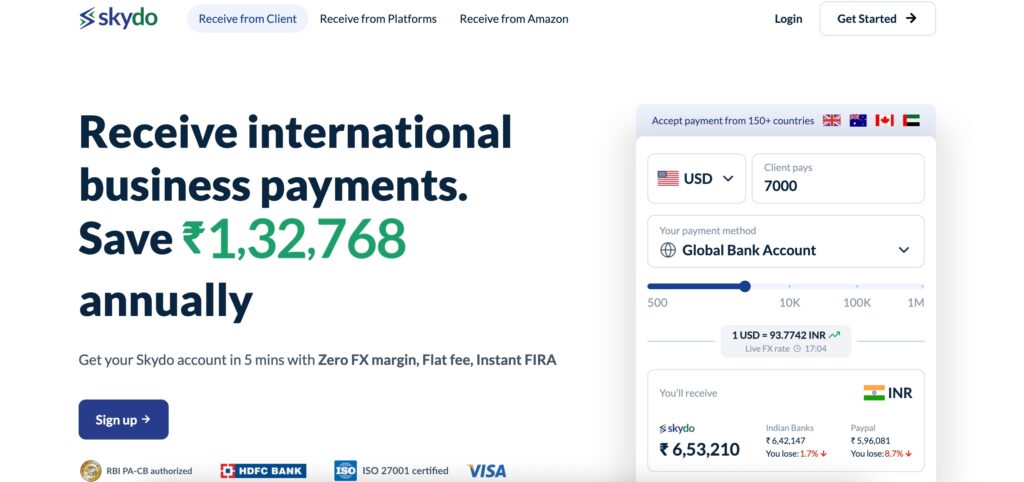 Screenshot of Skydo home page